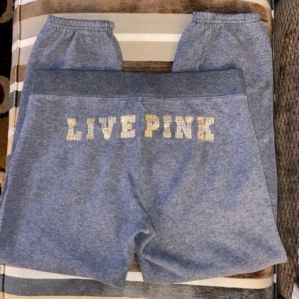 PINK Victoria's Secret University Pink Rhinestone Sweatpants Grey Lounge Joggers - Picture 2 of 10